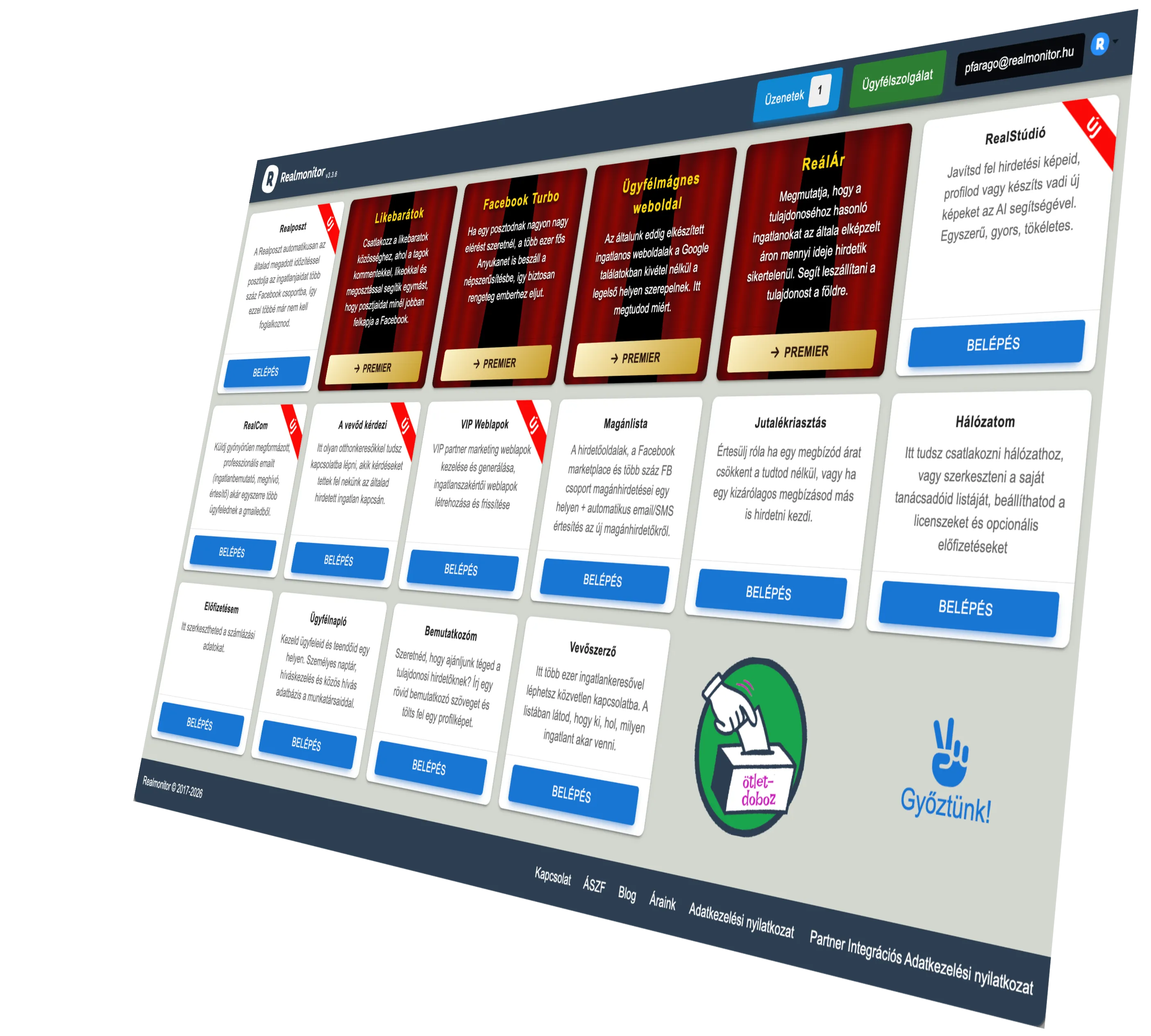 Realmonitor ingatlanos szoftver dashboard – CRM, hirdetéskezelés, árfigyelő és automatikus posztolás egy felületen